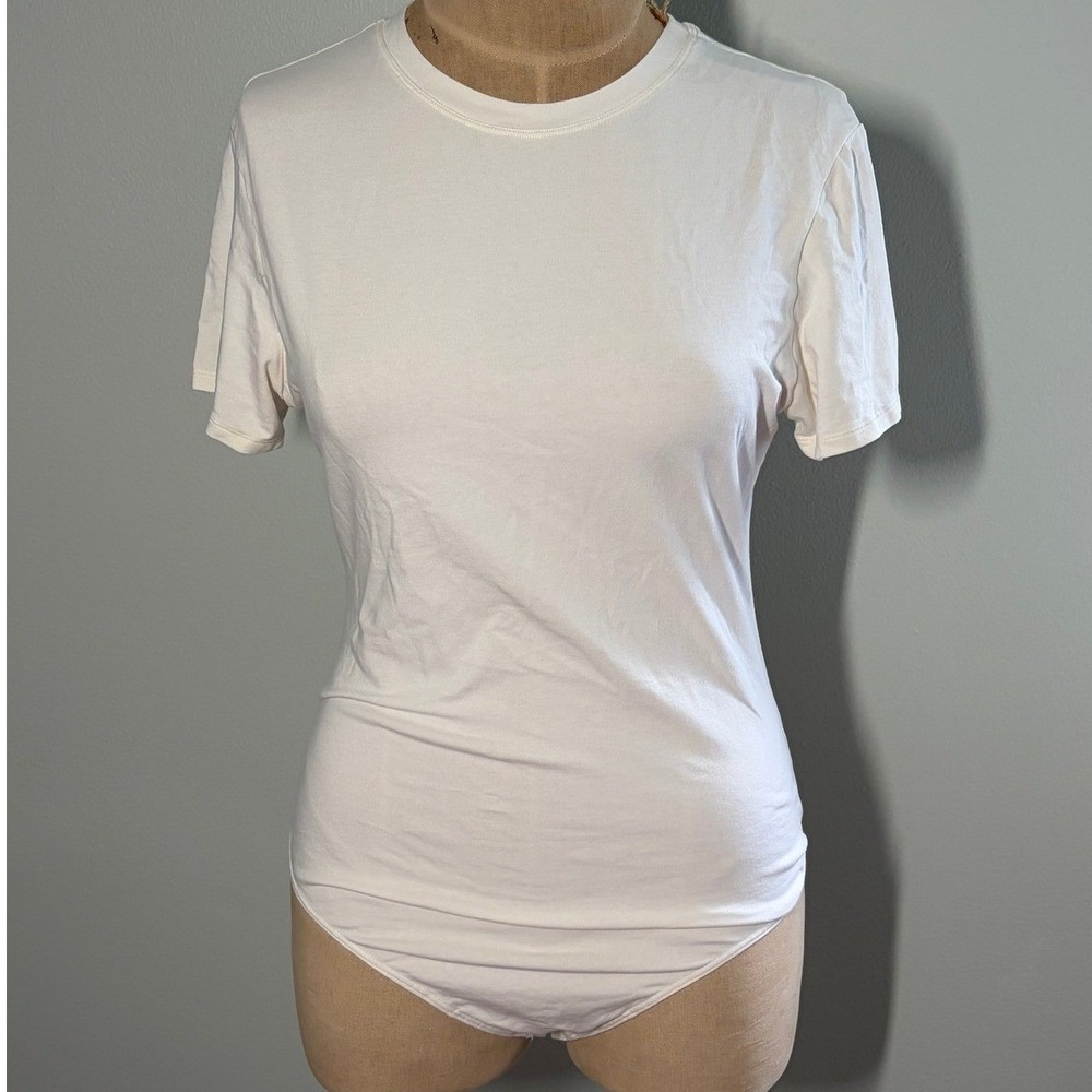Womens Short Sleeve Crew Neck Thong Bodysuit Off White XL 15-17